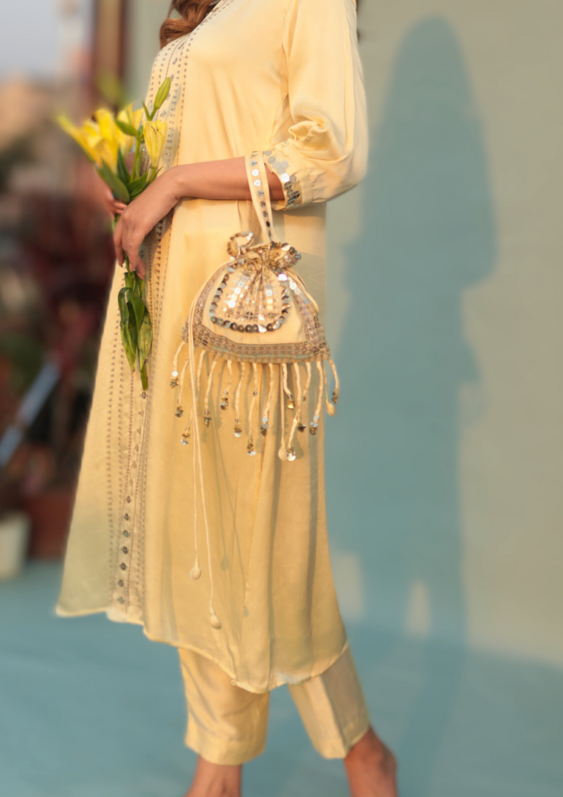 Sakura Yellow Potli Bag satin by PRAHNAAYA in yellow color for women Worldwide
