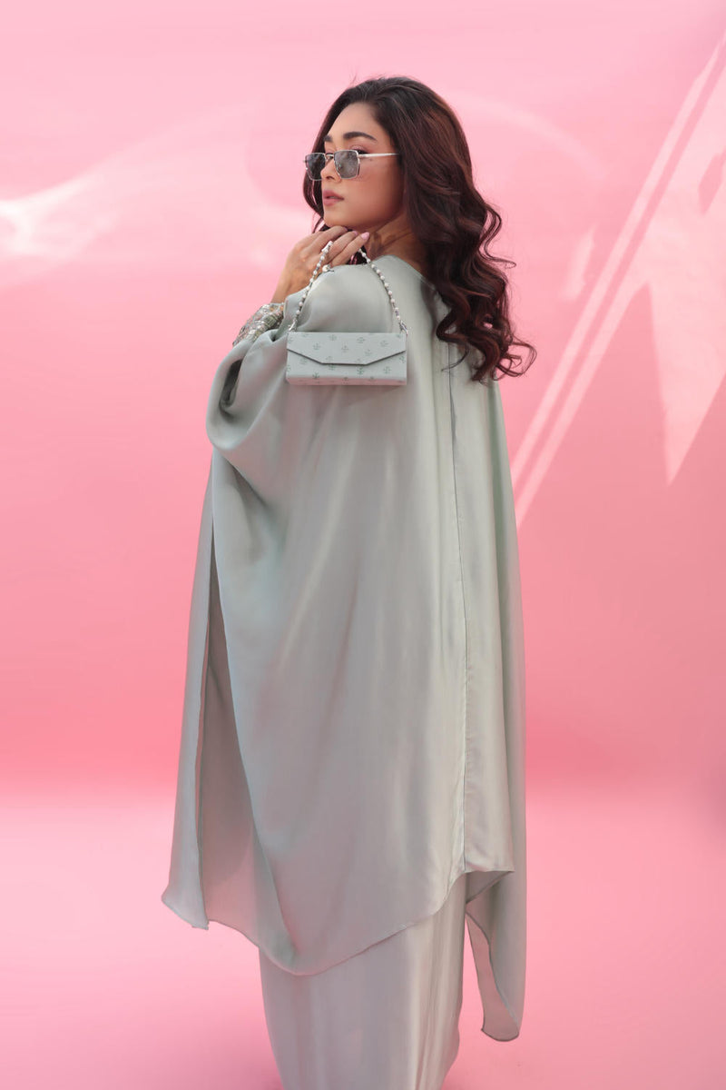 MISH Green Kaftan Set with Wrap Skirt satin by PRAHNAAYA in green color for women Worldwide