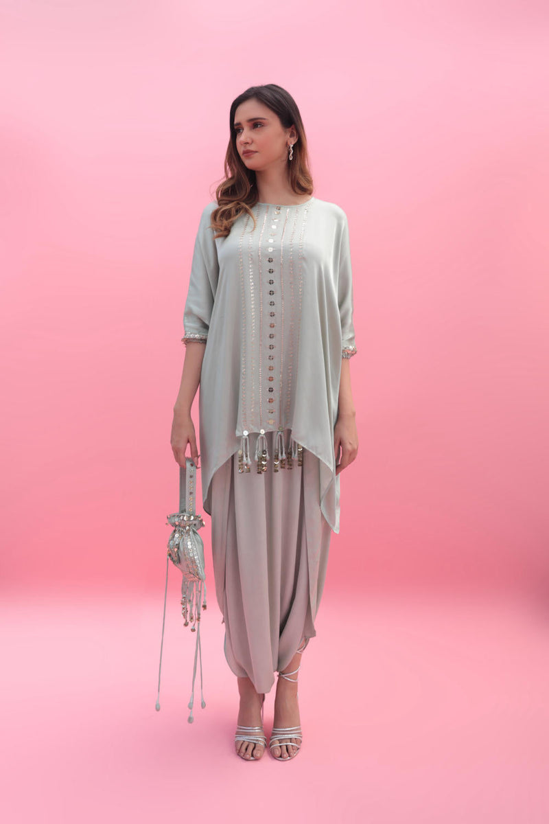 Masbah Green CO-ORD SET with Dhoti Skirt satin by PRAHNAAYA in green color for women Worldwide