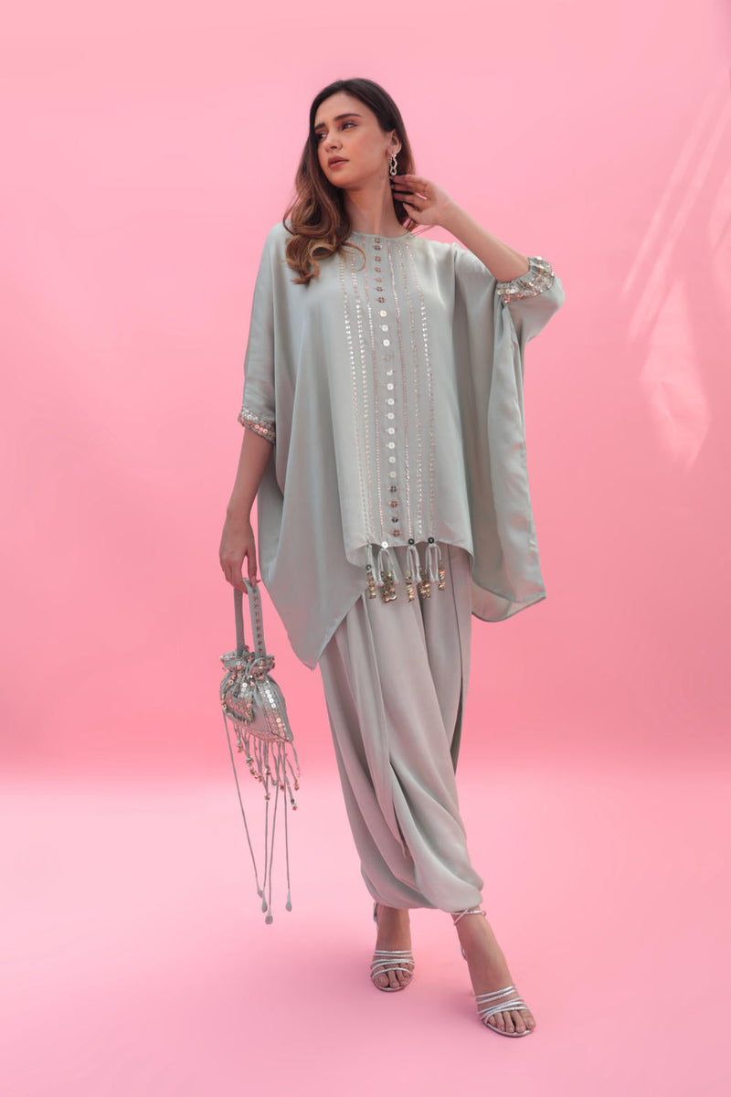 Masbah Green CO-ORD SET with Dhoti Skirt satin by PRAHNAAYA in green color for women Worldwide