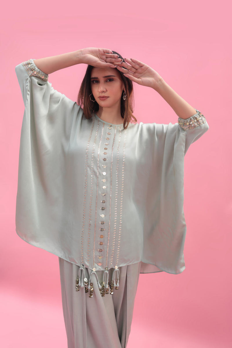 Masbah Green CO-ORD SET with Dhoti Skirt satin by PRAHNAAYA in green color for women Worldwide