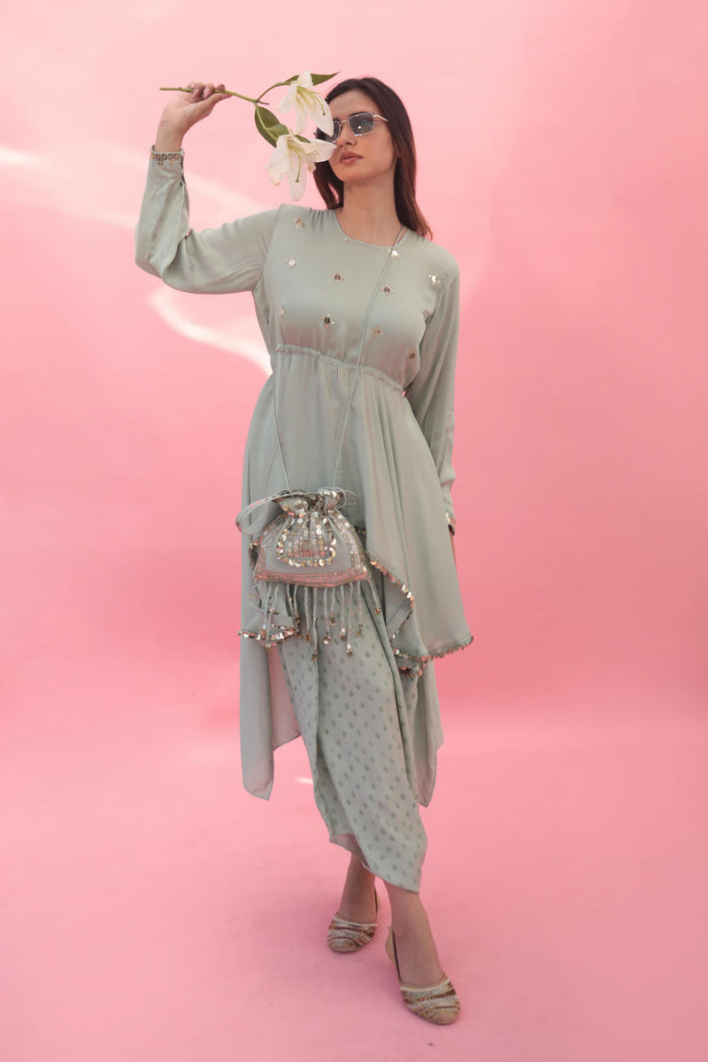 Saakura Green Indowestern Top with Dhoti Skirt satin by PRAHNAAYA in green color for women Worldwide