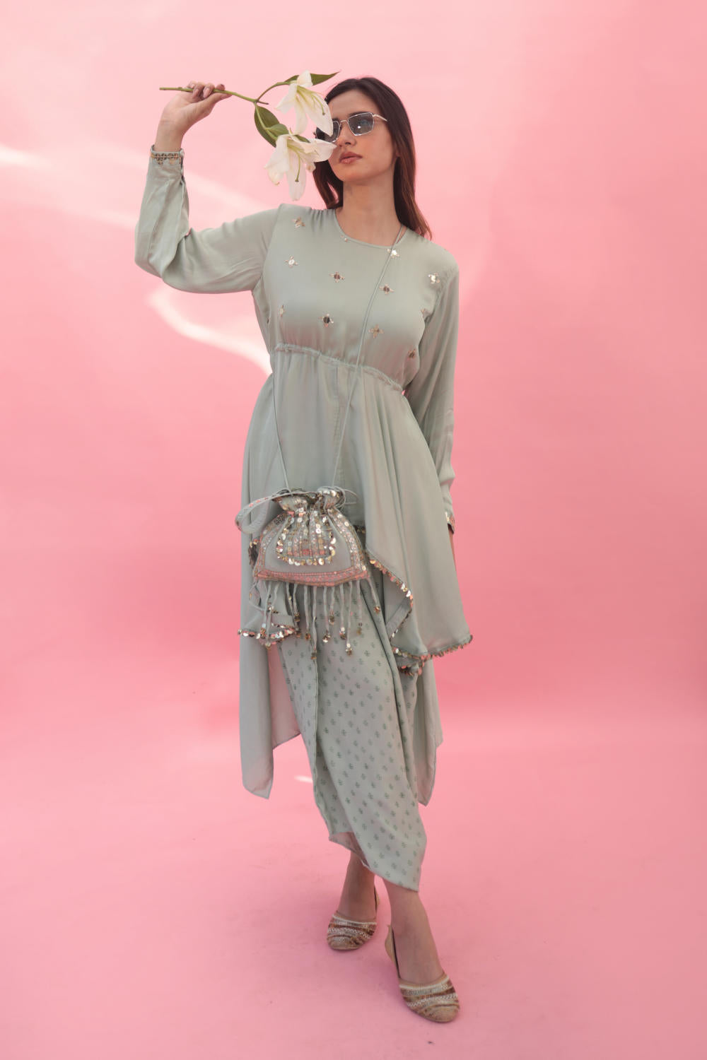 Saakura Green Indowestern Top with Dhoti Skirt