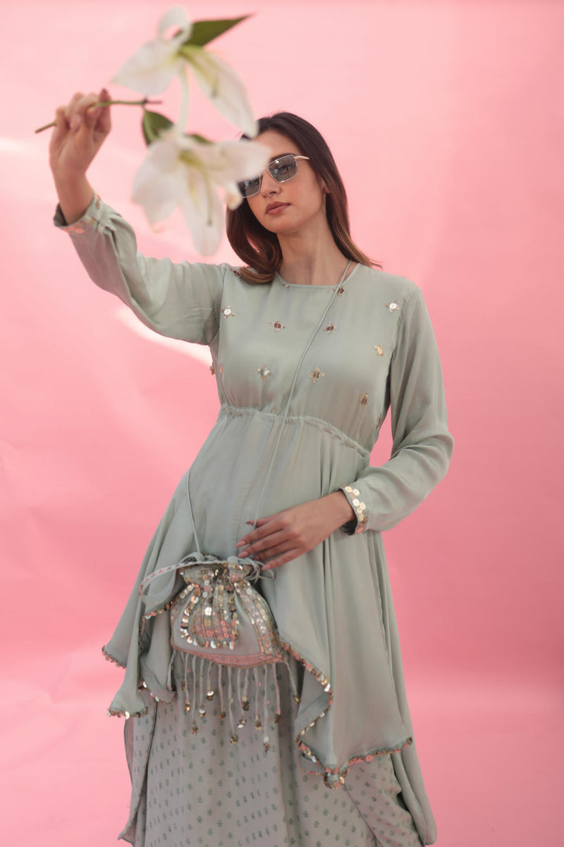Saakura Green Indowestern Top with Dhoti Skirt satin by PRAHNAAYA in green color for women Worldwide