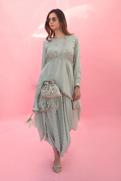 Saakura Green Indowestern Top with Dhoti Skirt