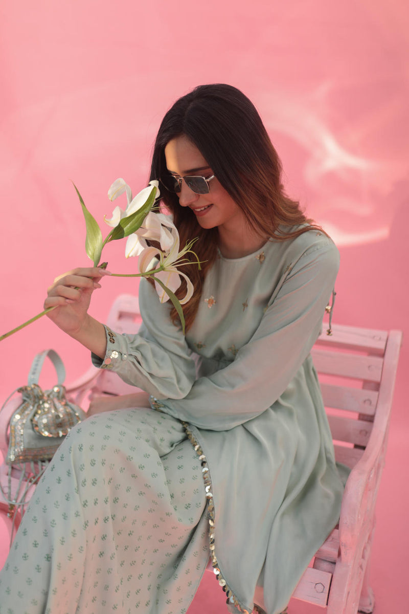 Saakura Green Indowestern Top with Dhoti Skirt satin by PRAHNAAYA in green color for women Worldwide