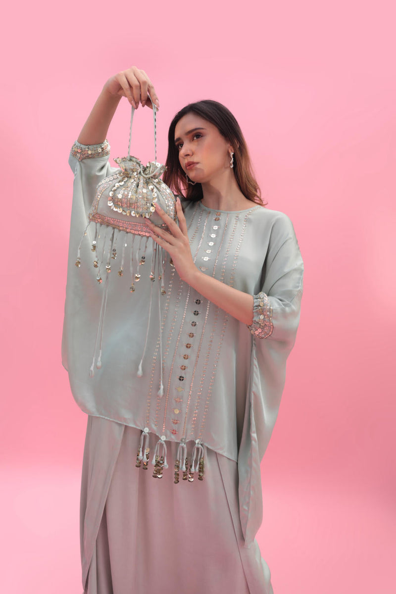 Sakura Green Potli Bag satin by PRAHNAAYA in green color for women Worldwide