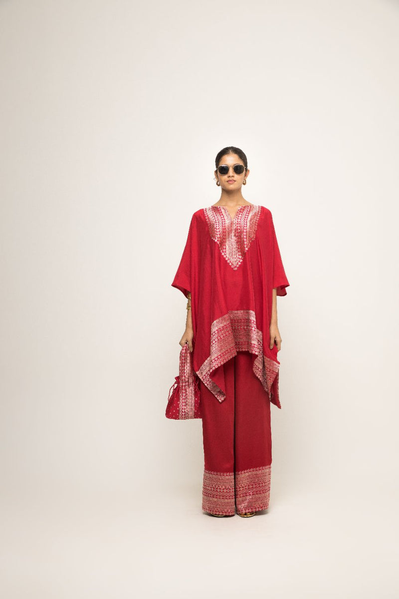 Triya-Asymmetrical Banarasi Silk Kurta & Pants Set - Red silk by SOBARIKO in red color for women Worldwide