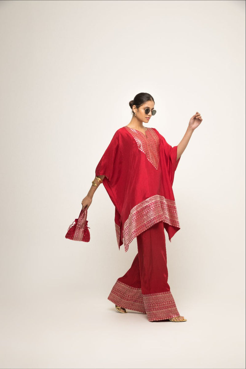 Triya-Asymmetrical Banarasi Silk Kurta & Pants Set - Red silk by SOBARIKO in red color for women Worldwide