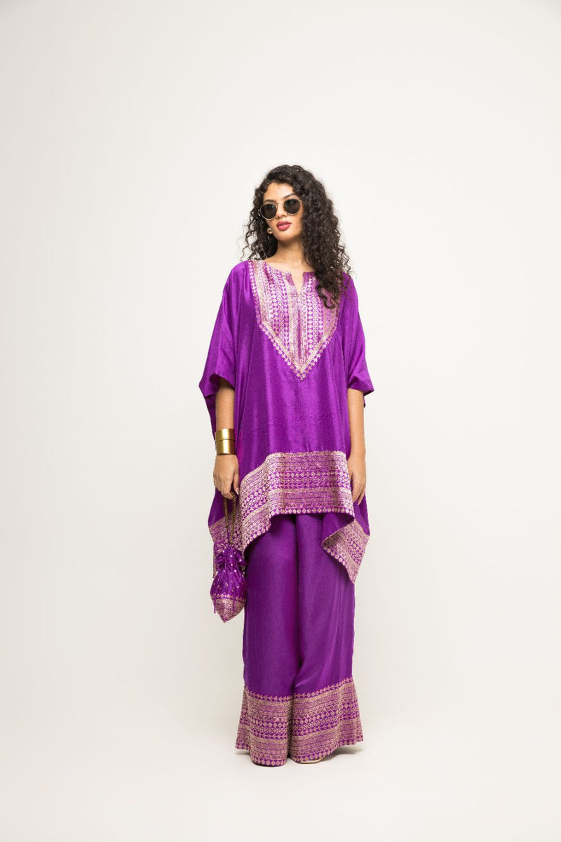 Triya-Asymmetrical Banarasi Silk Kurta & Pants Set - Purple silk by SOBARIKO in purple color for women Worldwide