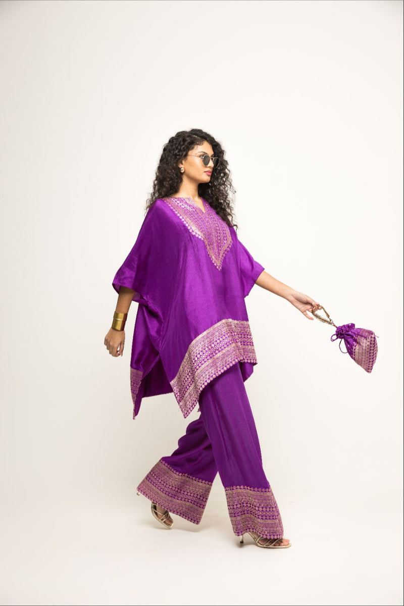 Triya-Asymmetrical Banarasi Silk Kurta & Pants Set - Purple silk by SOBARIKO in purple color for women Worldwide