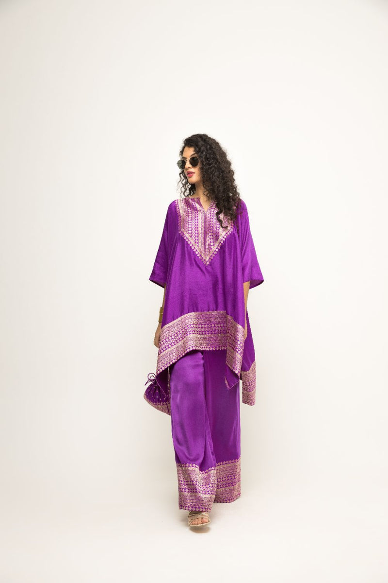 Triya-Asymmetrical Banarasi Silk Kurta & Pants Set - Purple silk by SOBARIKO in purple color for women Worldwide