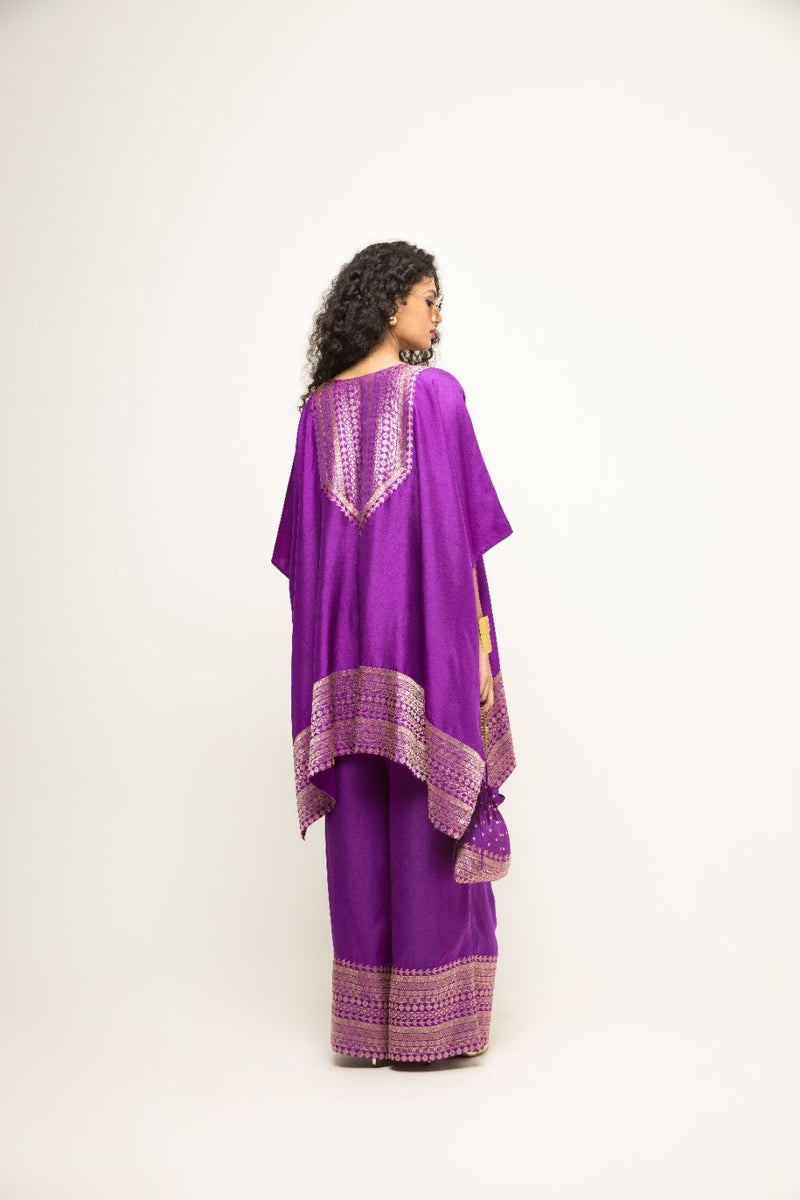 Triya-Asymmetrical Banarasi Silk Kurta & Pants Set - Purple silk by SOBARIKO in purple color for women Worldwide