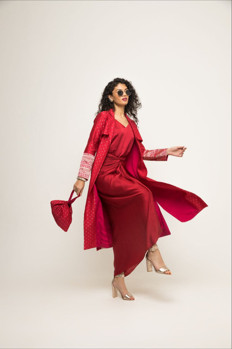 Alaya- Brocade Trench Jacket Paired With Matching Twist Dress - Red silk by SOBARIKO in red color for women Worldwide