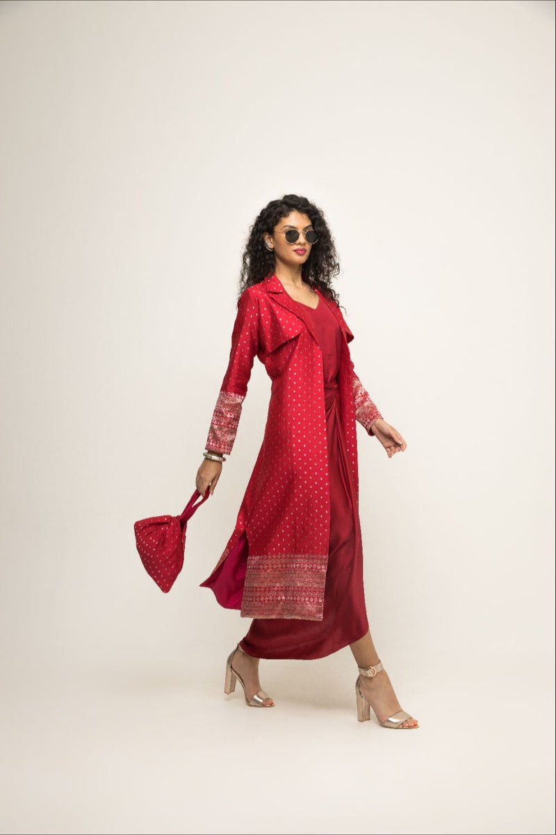 Alaya- Brocade Trench Jacket Paired With Matching Twist Dress - Red silk by SOBARIKO in red color for women Worldwide