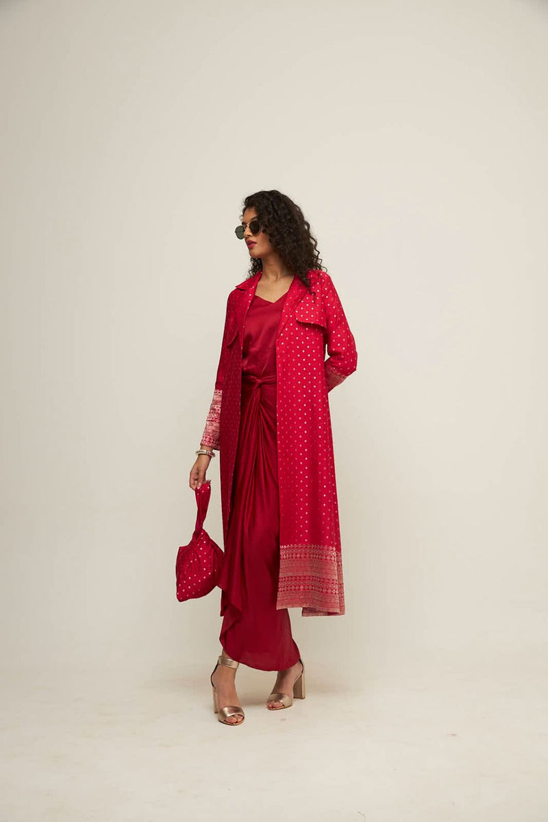 Alaya- Brocade Trench Jacket Paired With Matching Twist Dress - Red silk by SOBARIKO in red color for women Worldwide