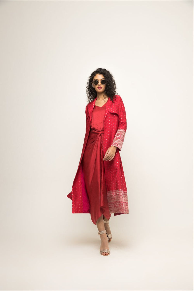 Alaya- Brocade Trench Jacket Paired With Matching Twist Dress - Red silk by SOBARIKO in red color for women Worldwide