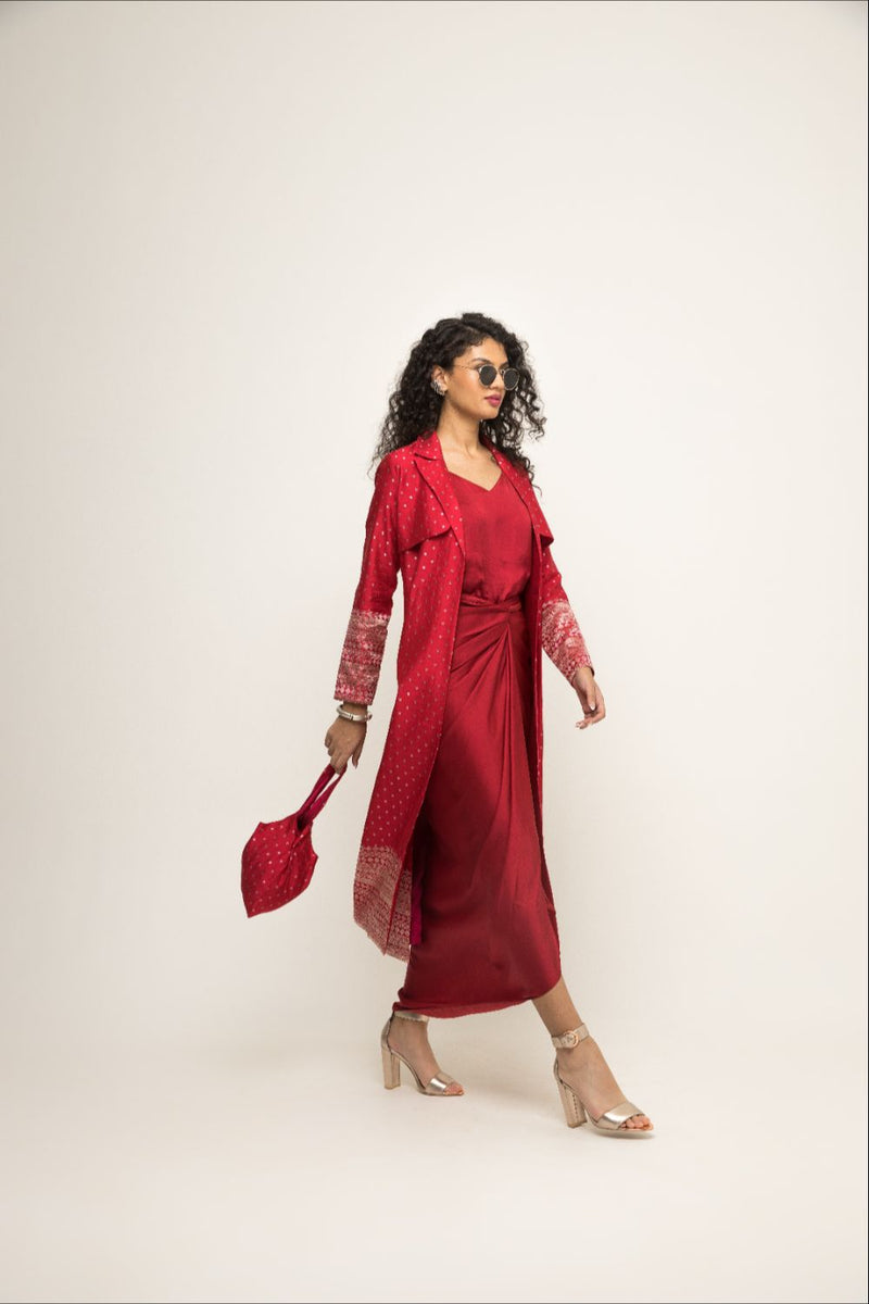 Alaya- Brocade Trench Jacket Paired With Matching Twist Dress - Red silk by SOBARIKO in red color for women Worldwide