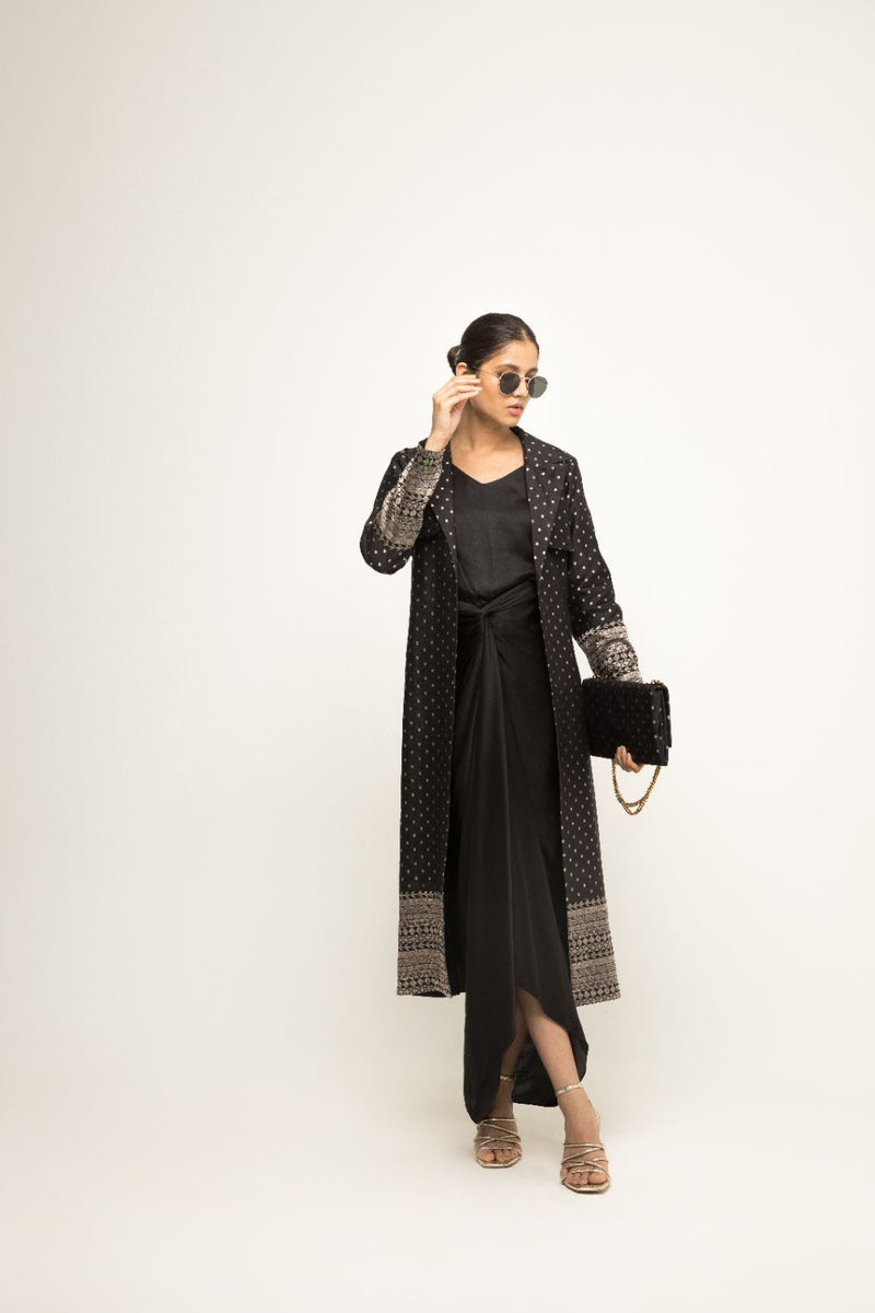 Alaya- Brocade Trench Jacket Paired With Matching Twist Dress - Black silk by SOBARIKO in black color for women Worldwide