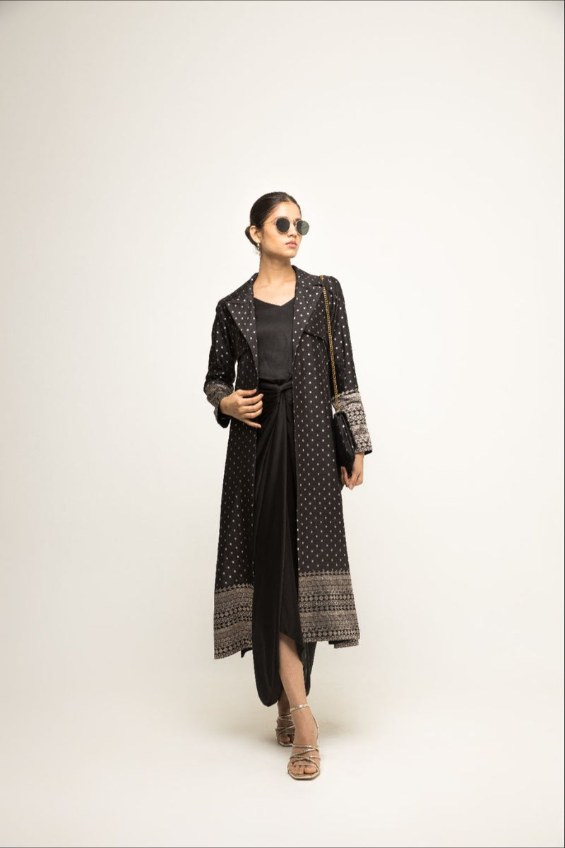 Alaya- Brocade Trench Jacket Paired With Matching Twist Dress - Black silk by SOBARIKO in black color for women Worldwide