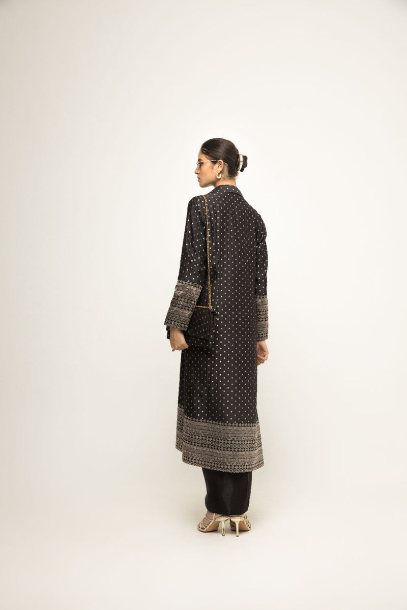 Alaya- Brocade Trench Jacket Paired With Matching Twist Dress - Black silk by SOBARIKO in black color for women Worldwide