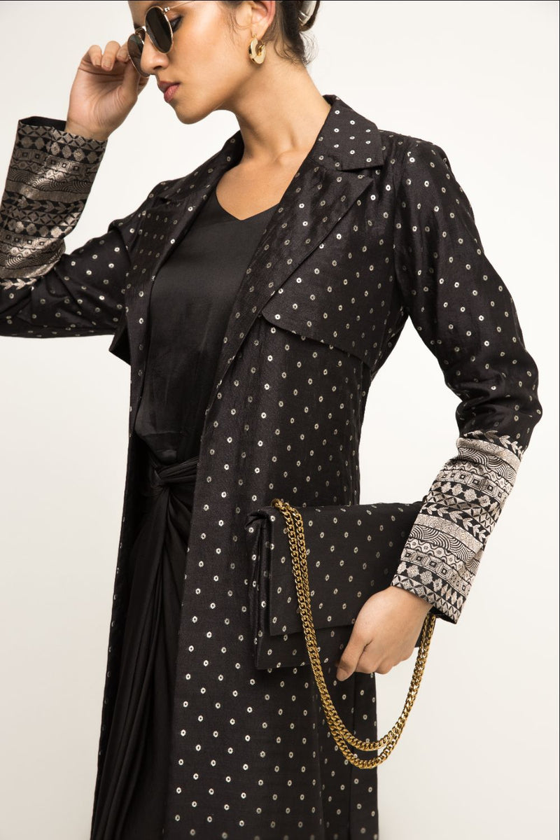 Alaya- Brocade Trench Jacket Paired With Matching Twist Dress - Black silk by SOBARIKO in black color for women Worldwide