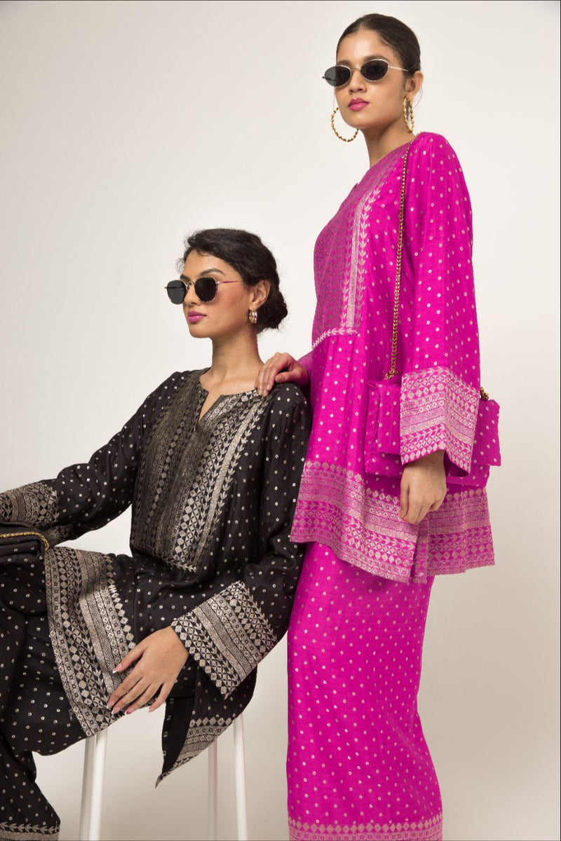 Sitara-Dotted Silk Kurta Set - Black silk by SOBARIKO in black color for women Worldwide
