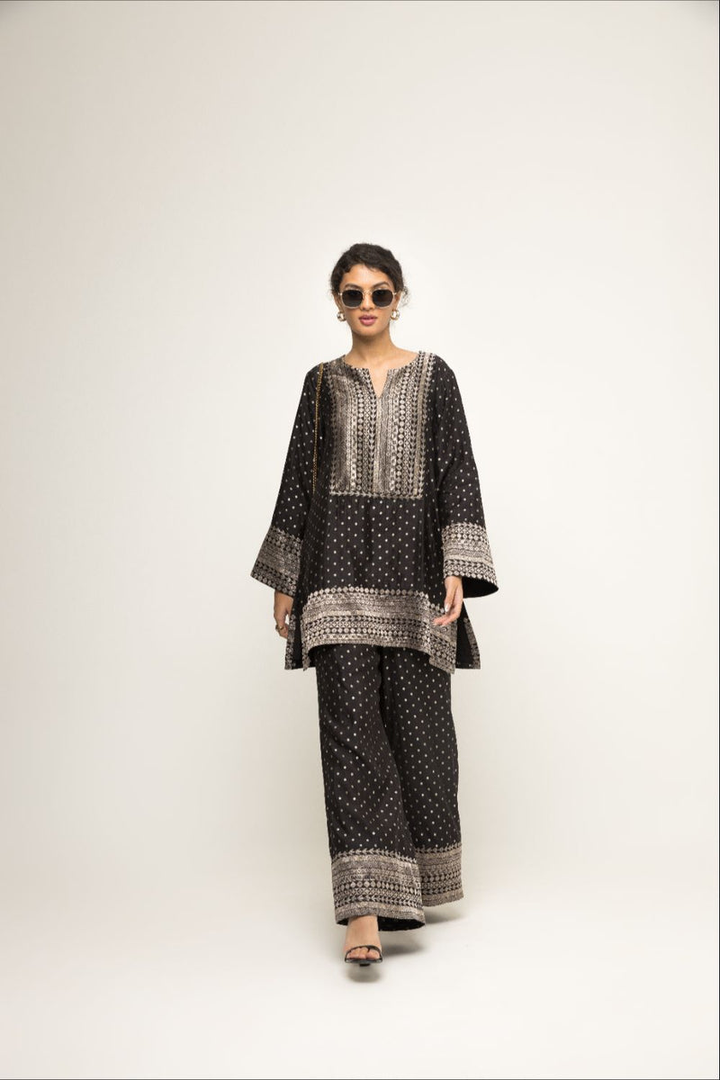 Sitara-Dotted Silk Kurta Set - Black silk by SOBARIKO in black color for women Worldwide