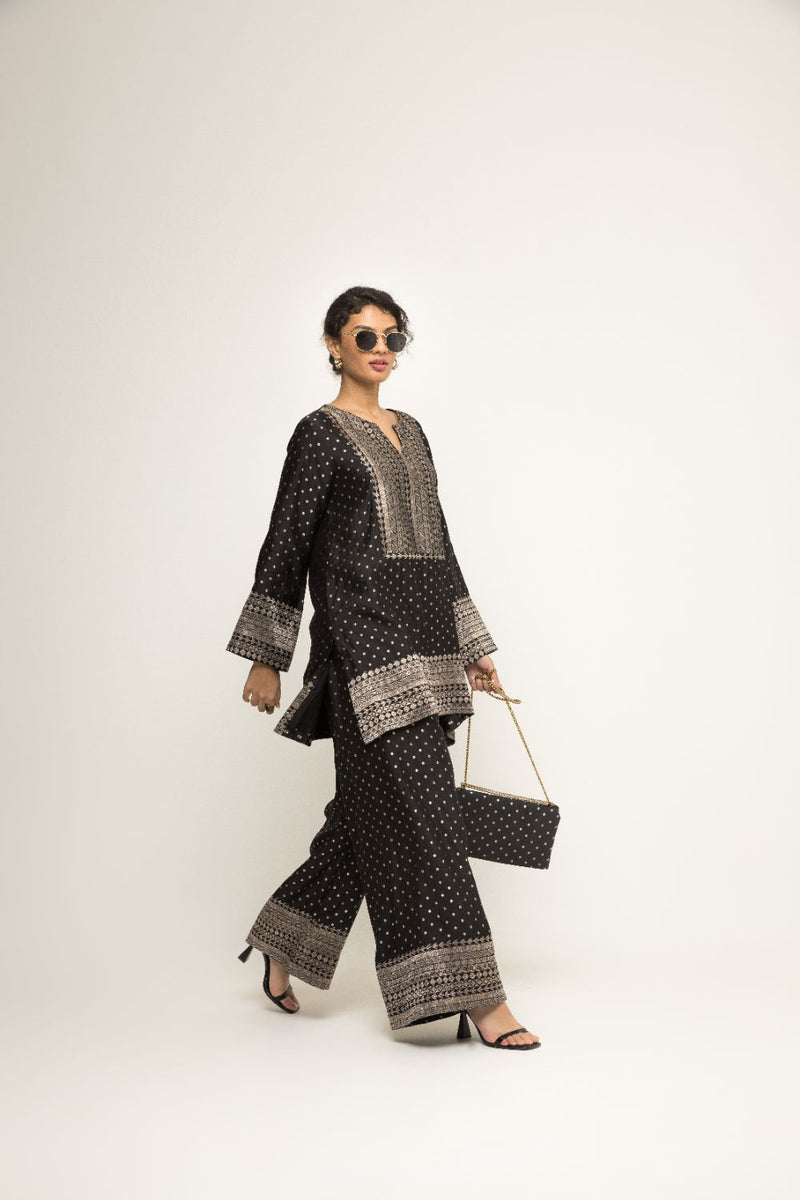 Sitara-Dotted Silk Kurta Set - Black silk by SOBARIKO in black color for women Worldwide