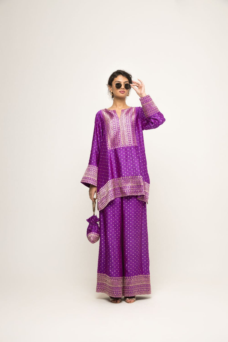 Sitara-Dotted Silk Kurta Set - Purple silk by SOBARIKO in purple color for women Worldwide