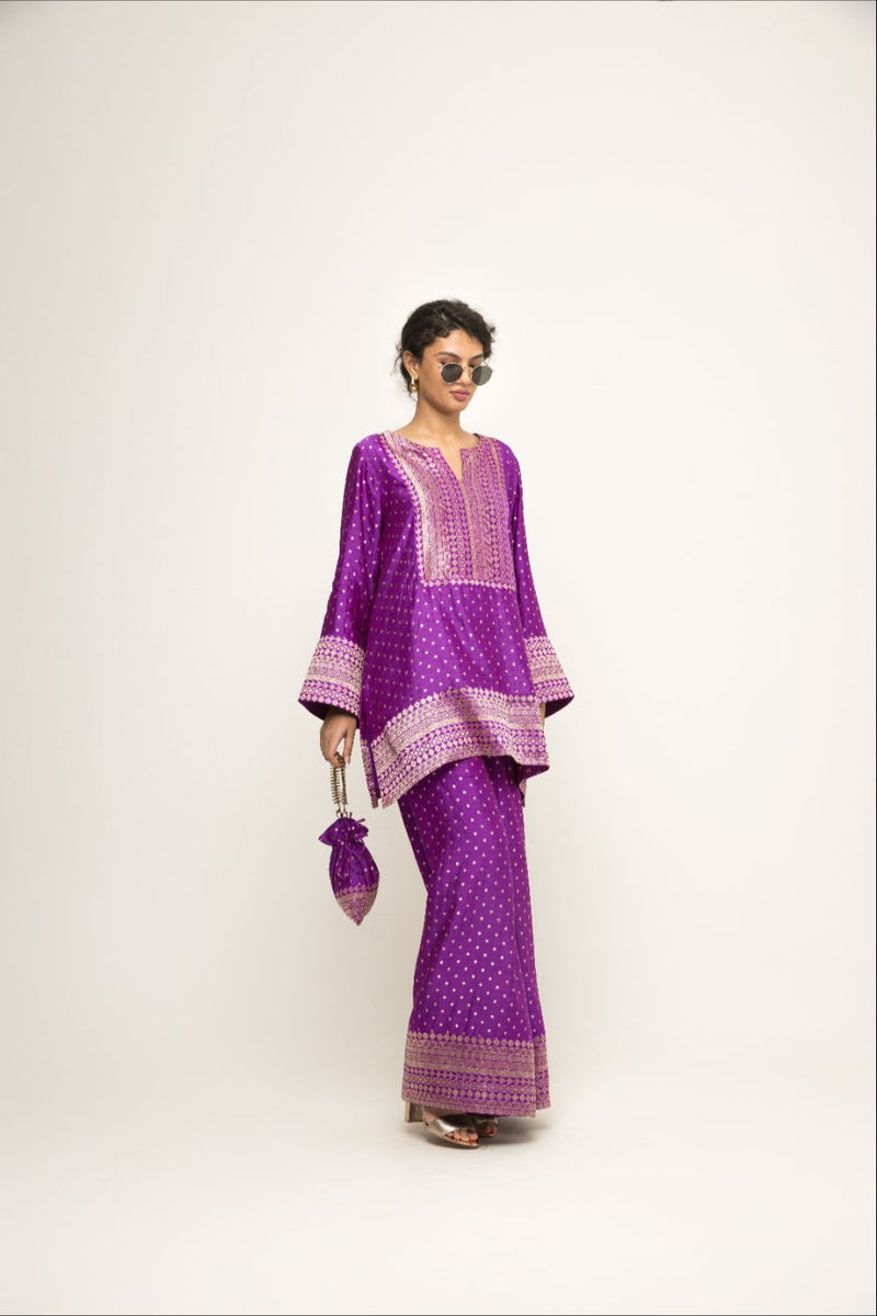 Sitara-Dotted Silk Kurta Set - Purple silk by SOBARIKO in purple color for women Worldwide