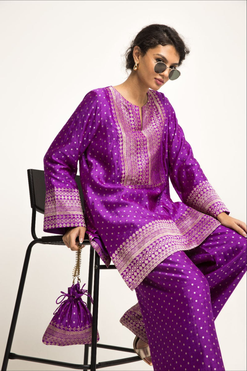 Sitara-Dotted Silk Kurta Set - Purple silk by SOBARIKO in purple color for women Worldwide