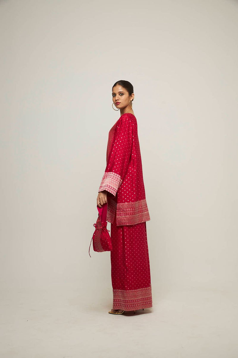 Sitara-Dotted Silk Kurta Set - Red silk by SOBARIKO in red color for women Worldwide