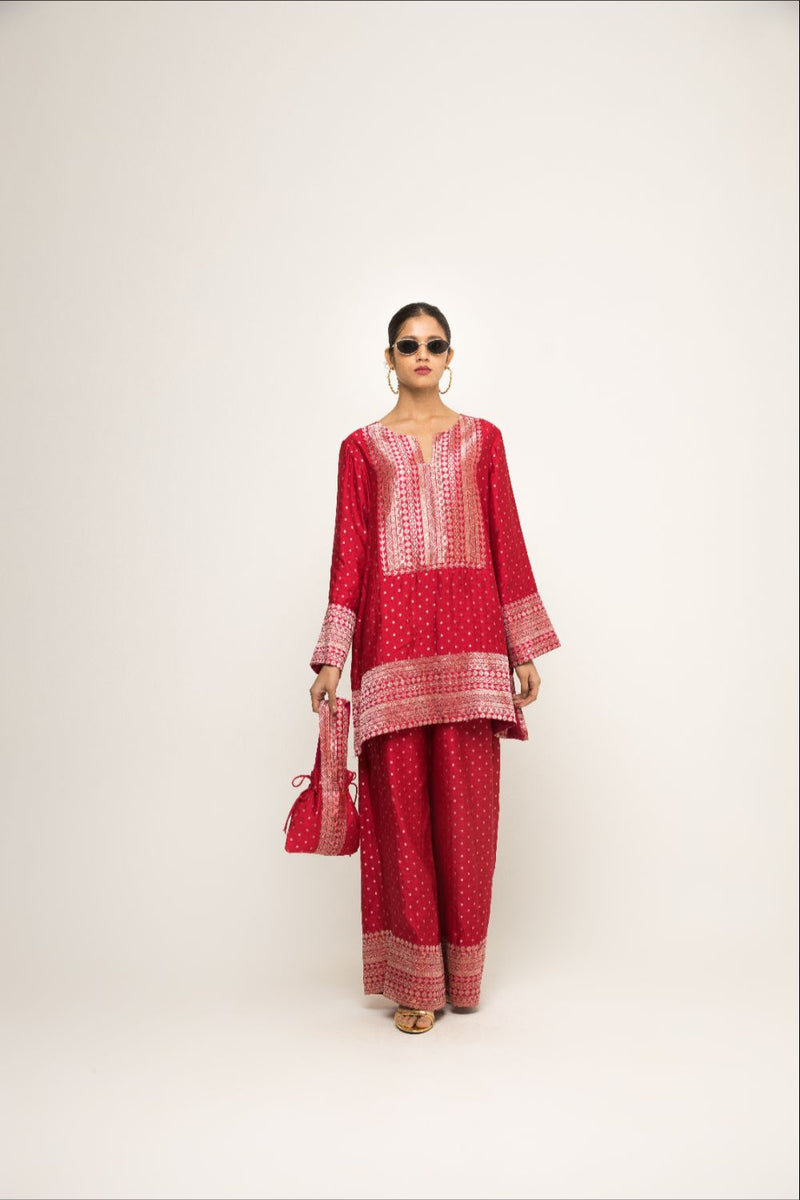 Sitara-Dotted Silk Kurta Set - Red silk by SOBARIKO in red color for women Worldwide