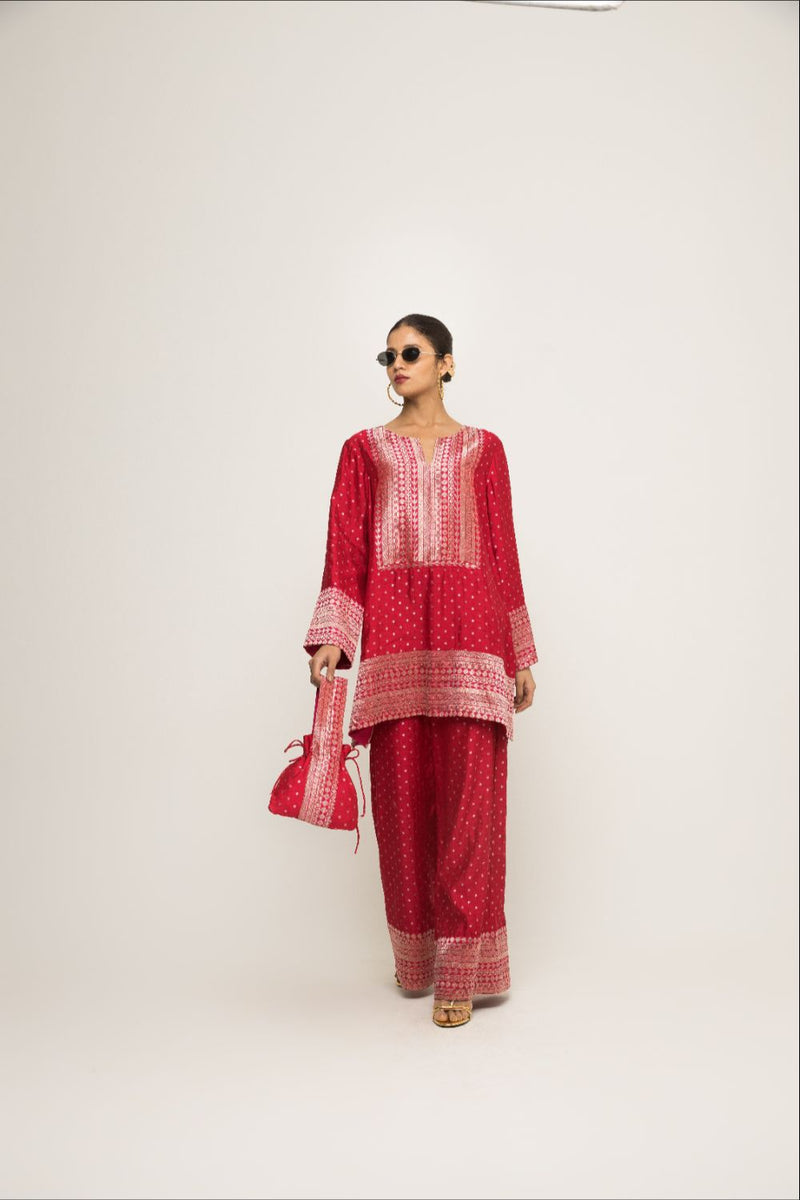 Sitara-Dotted Silk Kurta Set - Red silk by SOBARIKO in red color for women Worldwide