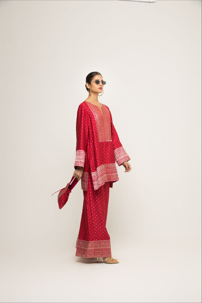 Sitara-Dotted Silk Kurta Set - Red silk by SOBARIKO in red color for women Worldwide