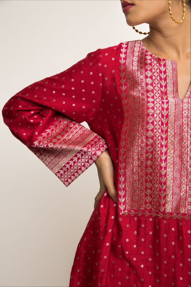 Sitara-Dotted Silk Kurta Set - Red silk by SOBARIKO in red color for women Worldwide