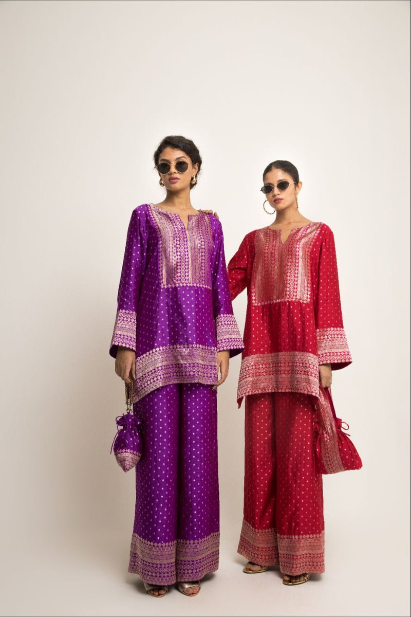 Sitara-Dotted Silk Kurta Set - Red silk by SOBARIKO in red color for women Worldwide