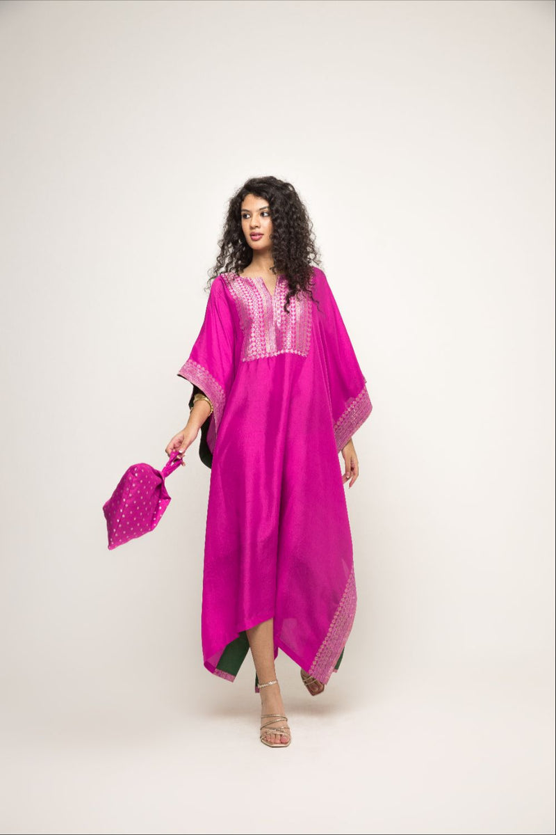 Siya- Silk Kaftan With Brocade Detail - Pink