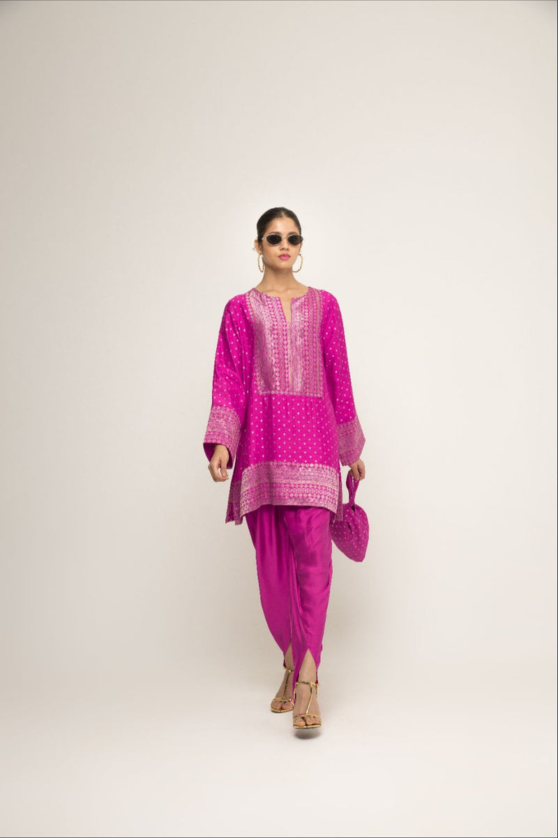 Tara- Dotted Brocade Detail Silk Kurta With Dhoti Set - Pink silk by SOBARIKO in pink color for women Worldwide