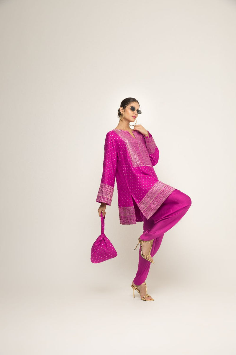 Tara- Dotted Brocade Detail Silk Kurta With Dhoti Set - Pink silk by SOBARIKO in pink color for women Worldwide