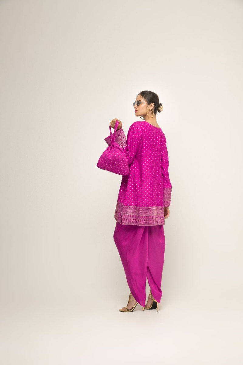 Tara- Dotted Brocade Detail Silk Kurta With Dhoti Set - Pink silk by SOBARIKO in pink color for women Worldwide