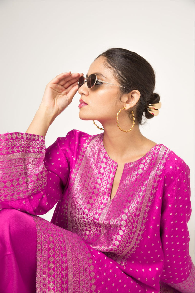 Tara- Dotted Brocade Detail Silk Kurta With Dhoti Set - Pink silk by SOBARIKO in pink color for women Worldwide
