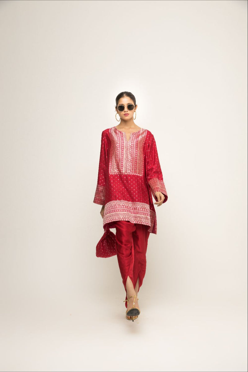 Tara- Dotted Brocade Detail Silk Kurta With Dhoti Set - Red silk by SOBARIKO in red color for women Worldwide