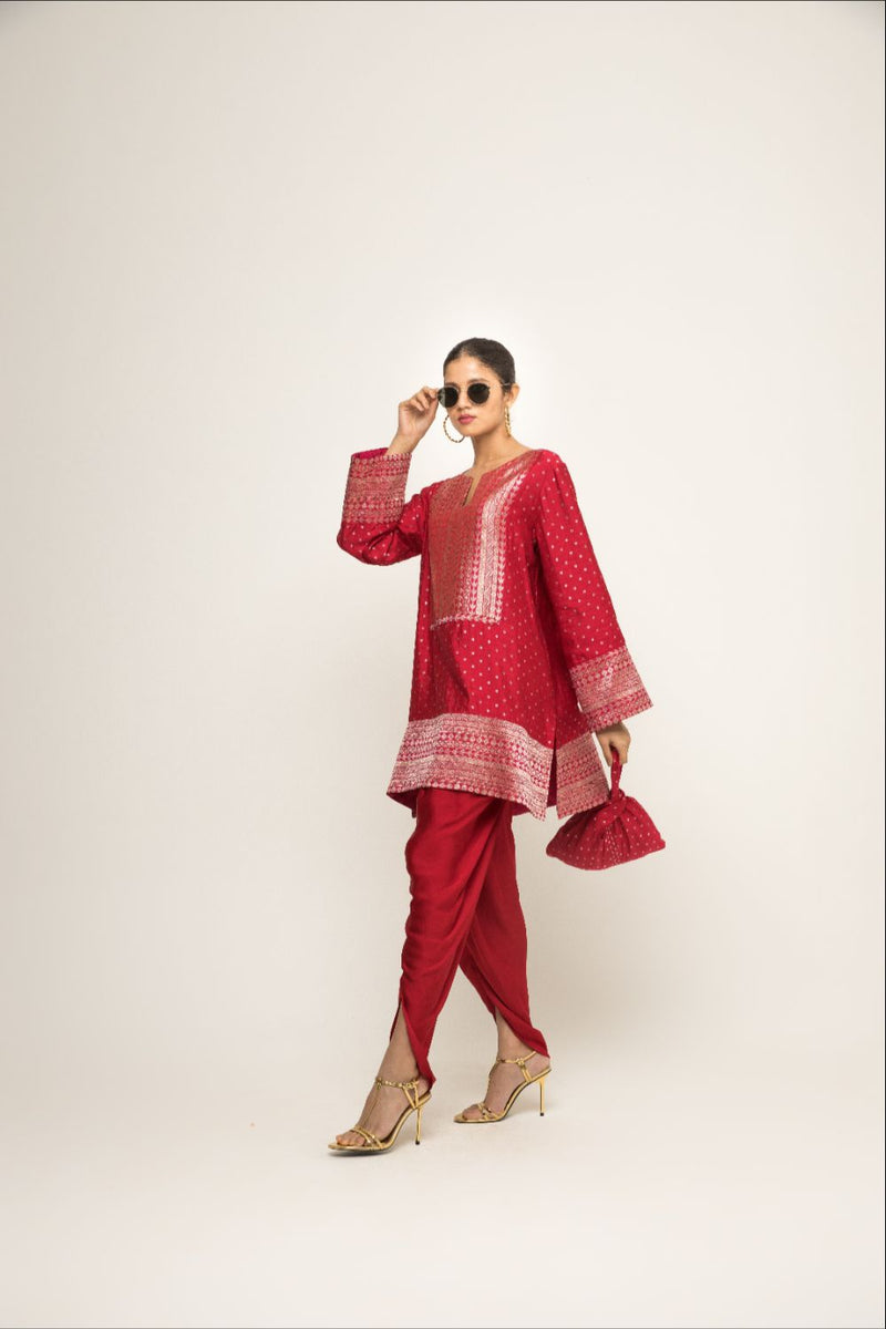 Tara- Dotted Brocade Detail Silk Kurta With Dhoti Set - Red silk by SOBARIKO in red color for women Worldwide