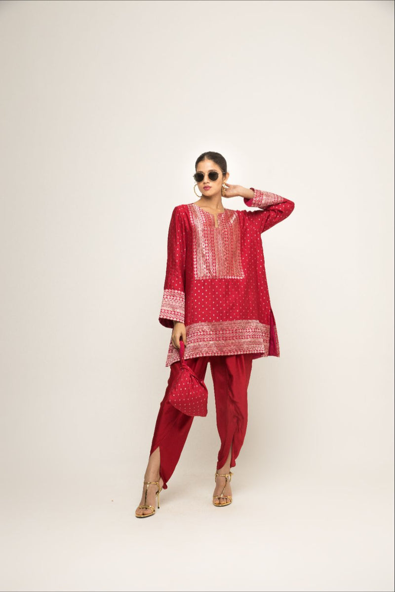 Tara- Dotted Brocade Detail Silk Kurta With Dhoti Set - Red silk by SOBARIKO in red color for women Worldwide