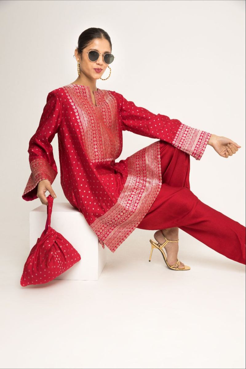 Tara- Dotted Brocade Detail Silk Kurta With Dhoti Set - Red silk by SOBARIKO in red color for women Worldwide