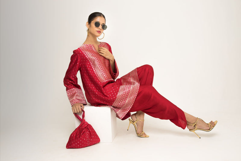 Tara- Dotted Brocade Detail Silk Kurta With Dhoti Set - Red silk by SOBARIKO in red color for women Worldwide