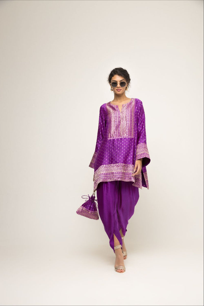 Tara- Dotted Brocade Detail Silk Kurta With Dhoti Set - Purple silk by SOBARIKO in purple color for women Worldwide