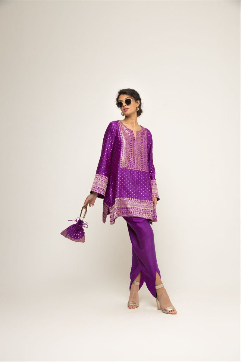 Tara- Dotted Brocade Detail Silk Kurta With Dhoti Set - Purple silk by SOBARIKO in purple color for women Worldwide